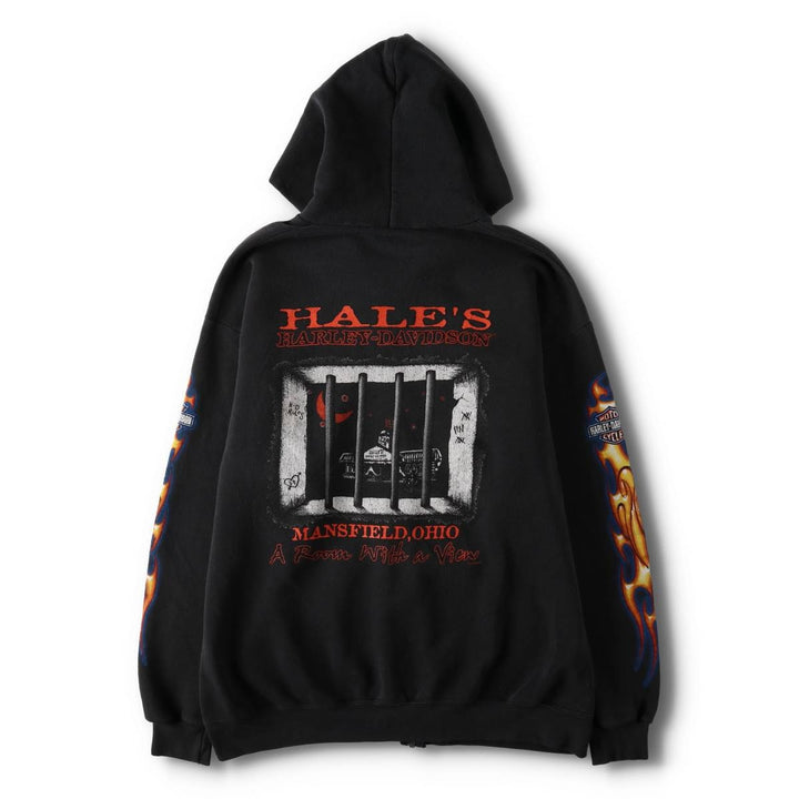 2000'S Lee Harley-Davidson Fire Pattern Full-Zip Sweatshirt Hoodie (Men's Size L) cotton black type Vintage Second Hand