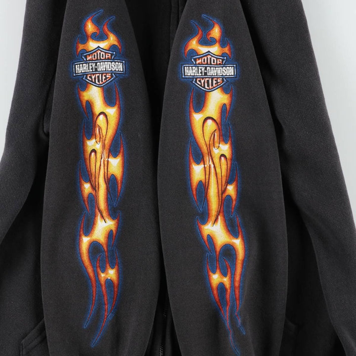 2000'S Lee Harley-Davidson Fire Pattern Full-Zip Sweatshirt Hoodie (Men's Size L) cotton black type Vintage Second Hand