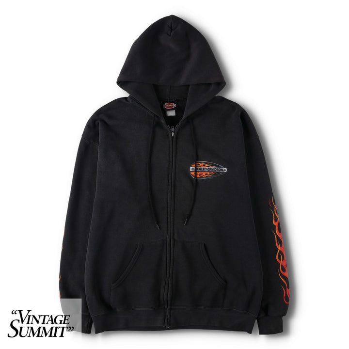 90'S Harley-Davidson Fire Pattern Full-Zip Sweatshirt Hoodie, Men's Size L (Equivalent), Vintage unclear black type Vintage Second Hand