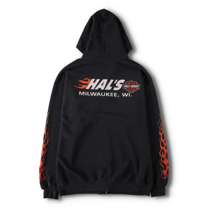 90'S Harley-Davidson Fire Pattern Full-Zip Sweatshirt Hoodie, Men's Size L (Equivalent), Vintage unclear black type Vintage Second Hand