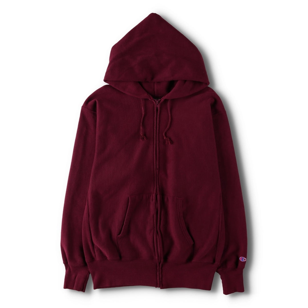 90'S Champion Reverse Weave embroidered tag full-zip sweatshirt hoodie, made in USA, men's size XL equivalent. cotton burgundy type Vintage Second Hand