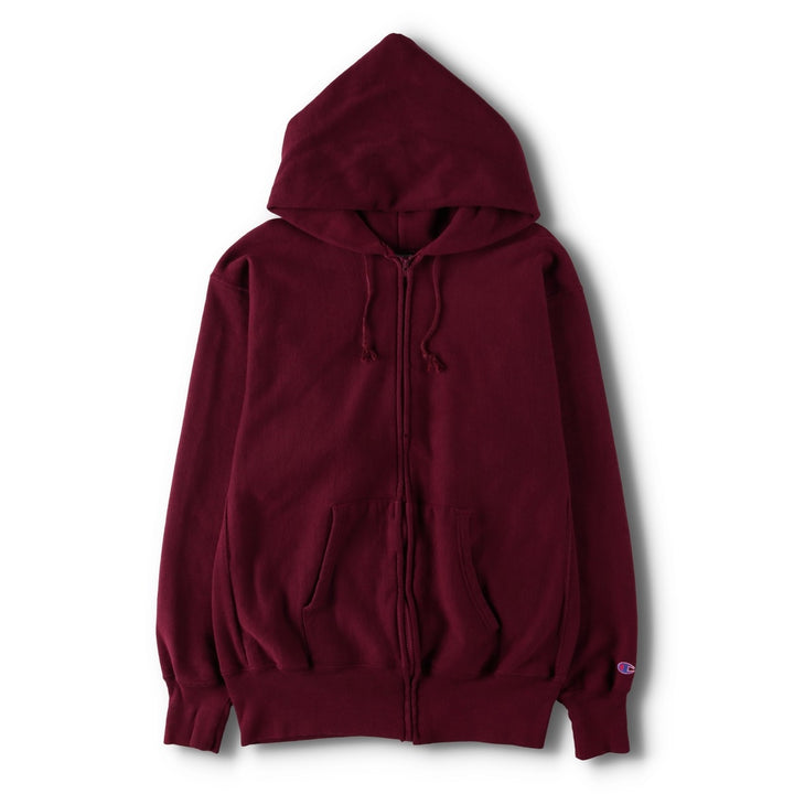 90'S Champion Reverse Weave embroidered tag full-zip sweatshirt hoodie, made in USA, men's size XL equivalent. cotton burgundy type Vintage Second Hand