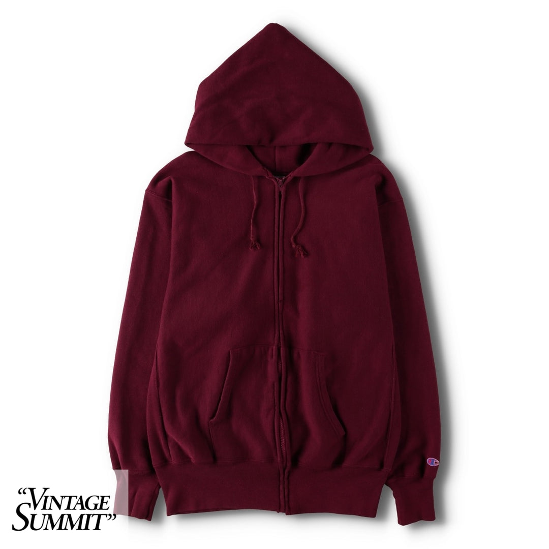 90'S Champion Reverse Weave embroidered tag full-zip sweatshirt hoodie, made in USA, men's size XL equivalent. cotton burgundy type Vintage Second Hand