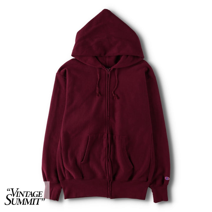 90'S Champion Reverse Weave embroidered tag full-zip sweatshirt hoodie, made in USA, men's size XL equivalent. cotton burgundy type Vintage Second Hand