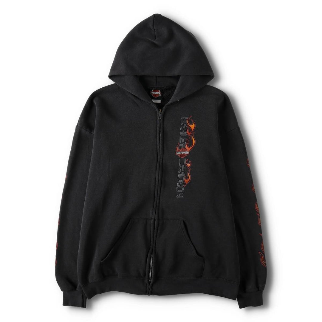 2000'S Harley-Davidson Fire Pattern Full-Zip Sweatshirt Hoodie (Men's Size L) cotton black type Vintage Second Hand