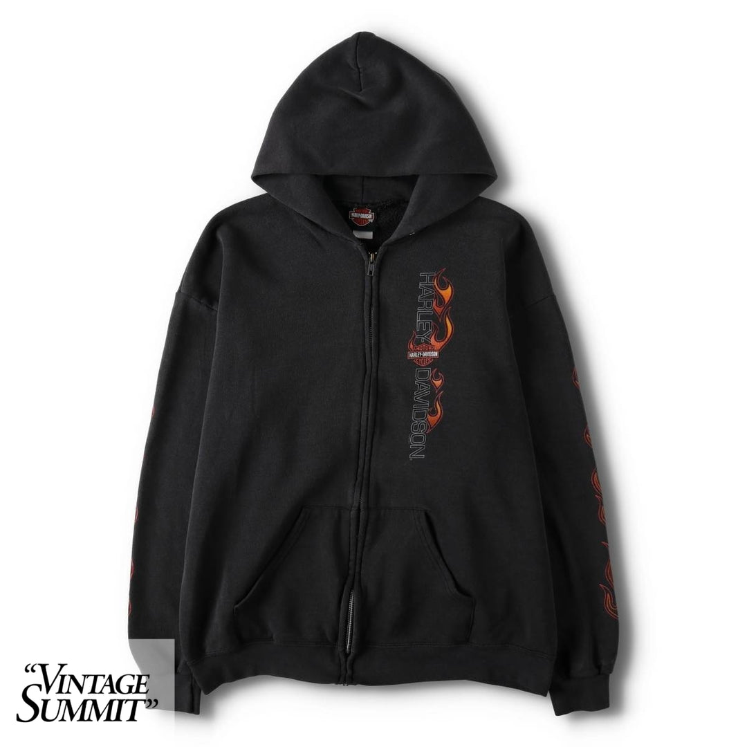 2000'S Harley-Davidson Fire Pattern Full-Zip Sweatshirt Hoodie (Men's Size L) cotton black type Vintage Second Hand