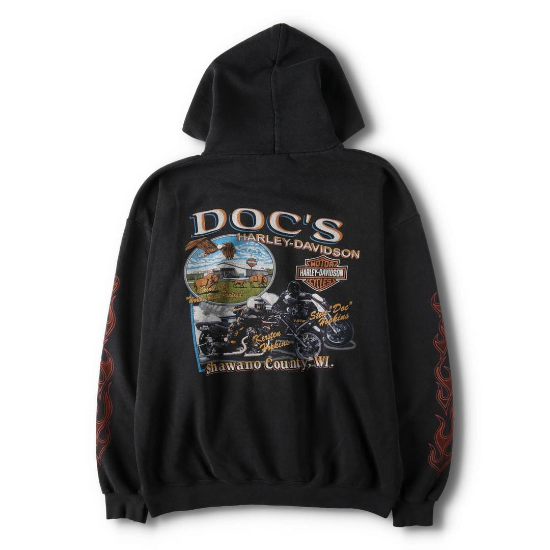 2000'S Harley-Davidson Fire Pattern Full-Zip Sweatshirt Hoodie (Men's Size L) cotton black type Vintage Second Hand