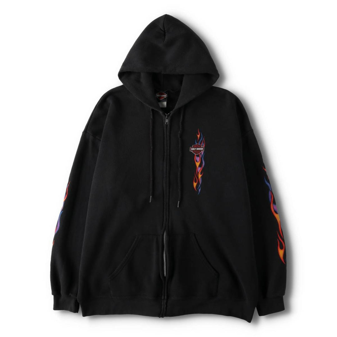 2000'S Harley-Davidson Fire Pattern Full-Zip Sweatshirt Hoodie, Men's Size XL (approx.) cotton black type Vintage Second Hand