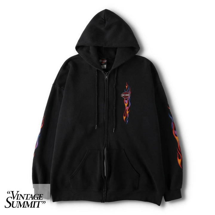 2000'S Harley-Davidson Fire Pattern Full-Zip Sweatshirt Hoodie, Men's Size XL (approx.) cotton black type Vintage Second Hand