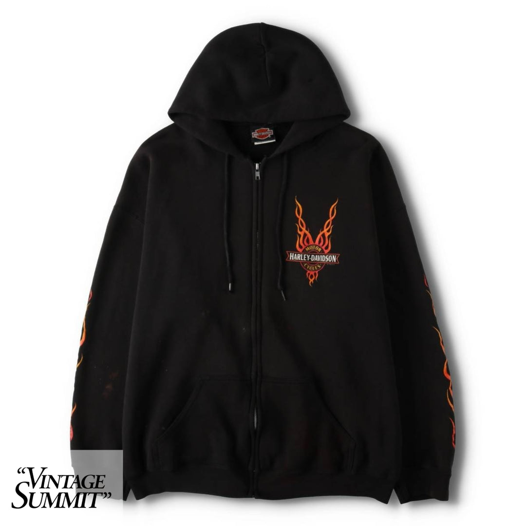 90'S Harley-Davidson Fire Pattern Full-Zip Sweatshirt Hoodie, Made in USA, Men's Size XL (approx.) cotton black type Vintage Second Hand