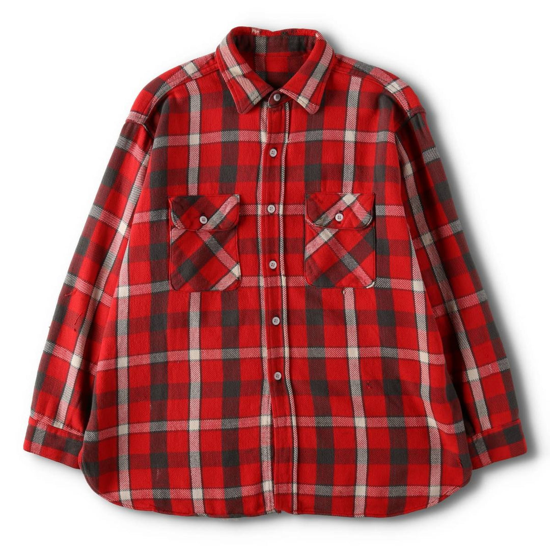1950s-1960'S Check Pattern Long-Sleeve Heavy Flannel Check Shirt, Men's Size XL (Equivalent), Vintage unclear red type Vintage Second Hand