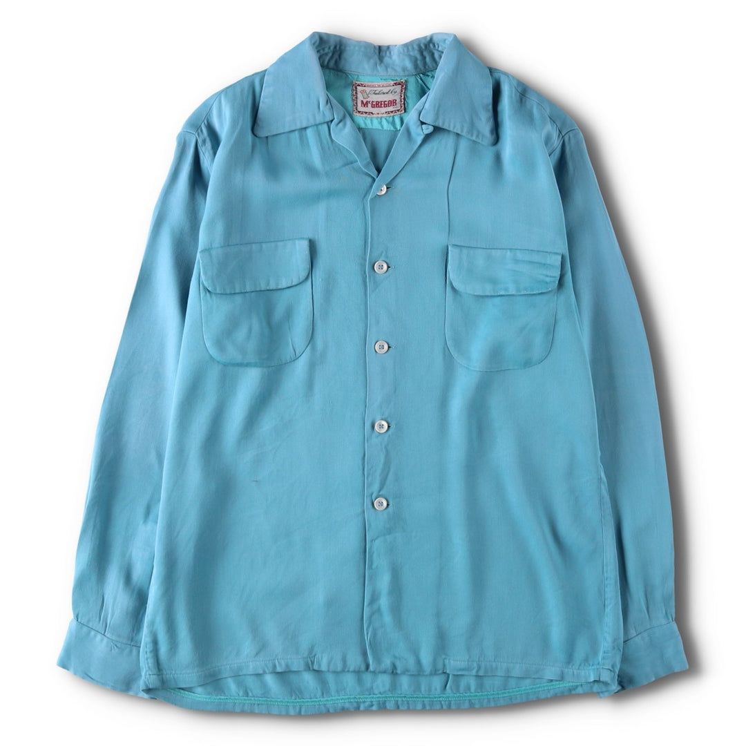 1950'S McGREGOR Long-Sleeve Open-Collar Boxy Shirt, Made in USA, Men's Size M (Equivalent), Vintage unclear Blue type light blue Vintage Second Hand