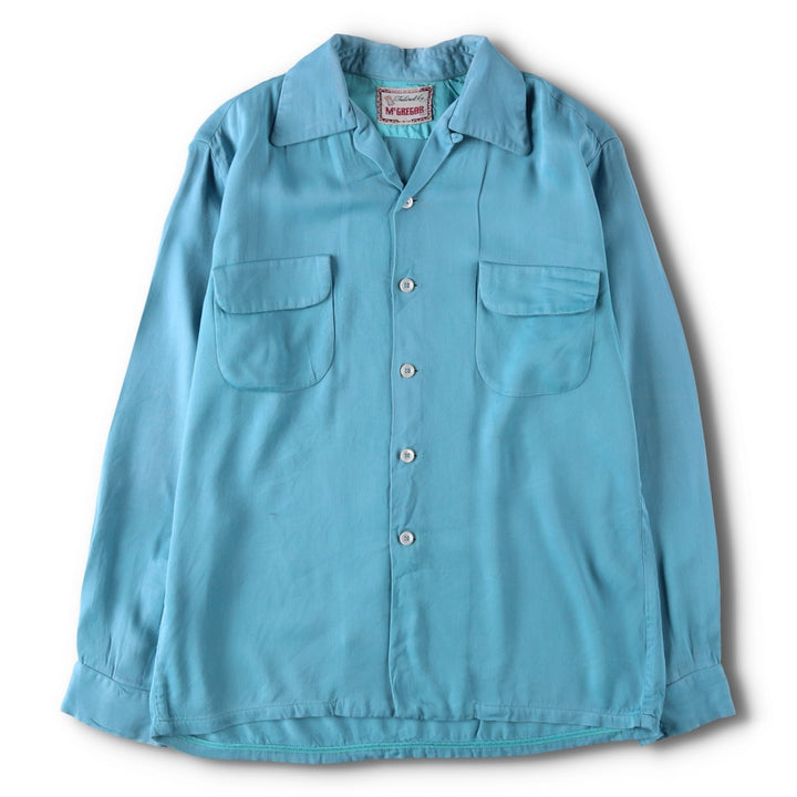1950'S McGREGOR Long-Sleeve Open-Collar Boxy Shirt, Made in USA, Men's Size M (Equivalent), Vintage unclear Blue type light blue Vintage Second Hand