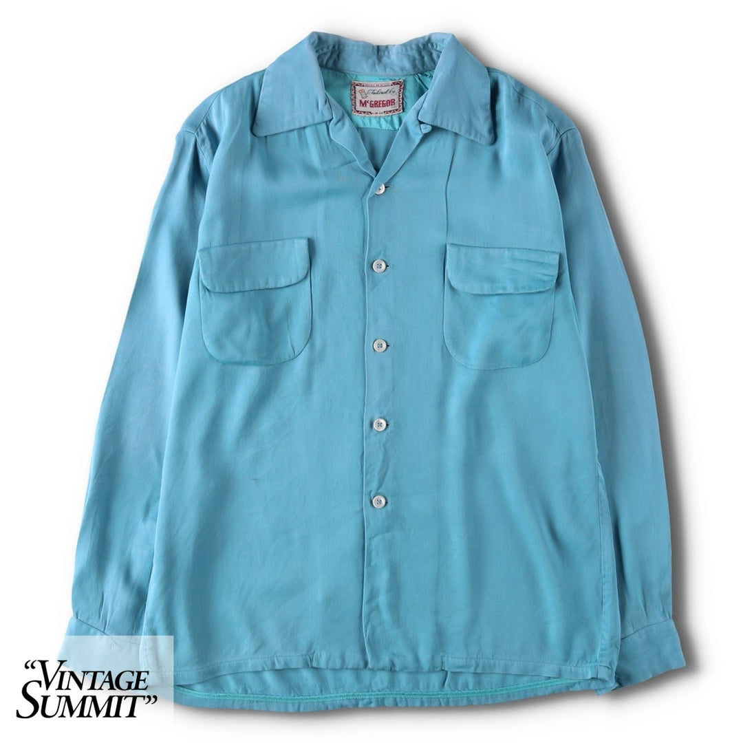 1950'S McGREGOR Long-Sleeve Open-Collar Boxy Shirt, Made in USA, Men's Size M (Equivalent), Vintage unclear Blue type light blue Vintage Second Hand