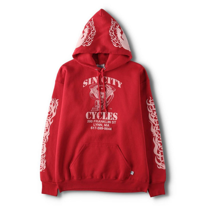 90'S DISCUS ATHLETIC SINCITY CYCLES Skull Pattern Fire Pattern Full-Zip Sweatshirt Hoodie, Men's Size L (approx.) cotton red type Vintage Second Hand