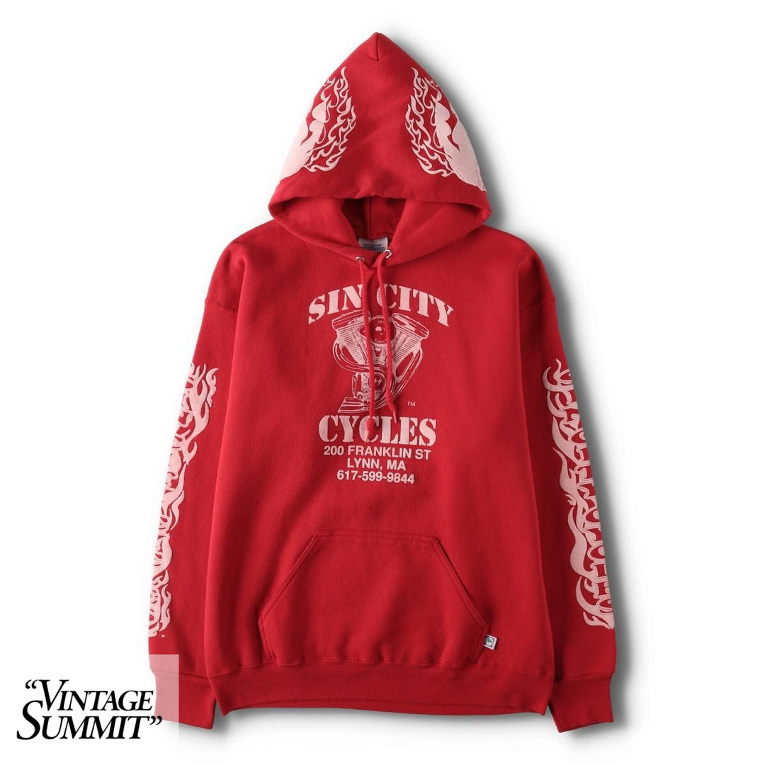 90'S DISCUS ATHLETIC SINCITY CYCLES Skull Pattern Fire Pattern Full-Zip Sweatshirt Hoodie, Men's Size L (approx.) cotton red type Vintage Second Hand