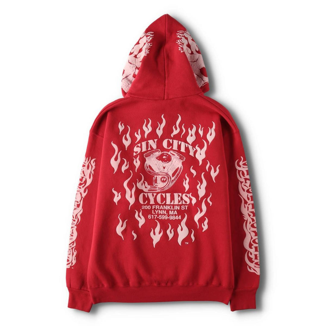 90'S DISCUS ATHLETIC SINCITY CYCLES Skull Pattern Fire Pattern Full-Zip Sweatshirt Hoodie, Men's Size L (approx.) cotton red type Vintage Second Hand