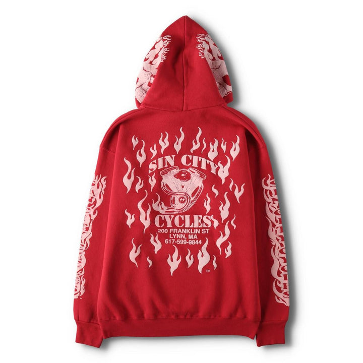 90'S DISCUS ATHLETIC SINCITY CYCLES Skull Pattern Fire Pattern Full-Zip Sweatshirt Hoodie, Men's Size L (approx.) cotton red type Vintage Second Hand