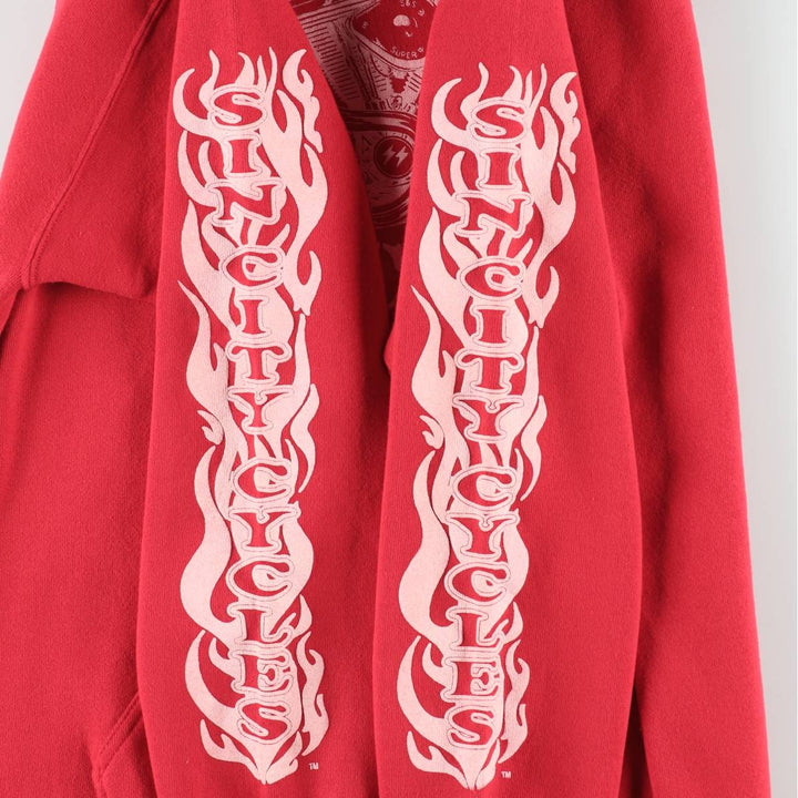 90'S DISCUS ATHLETIC SINCITY CYCLES Skull Pattern Fire Pattern Full-Zip Sweatshirt Hoodie, Men's Size L (approx.) cotton red type Vintage Second Hand