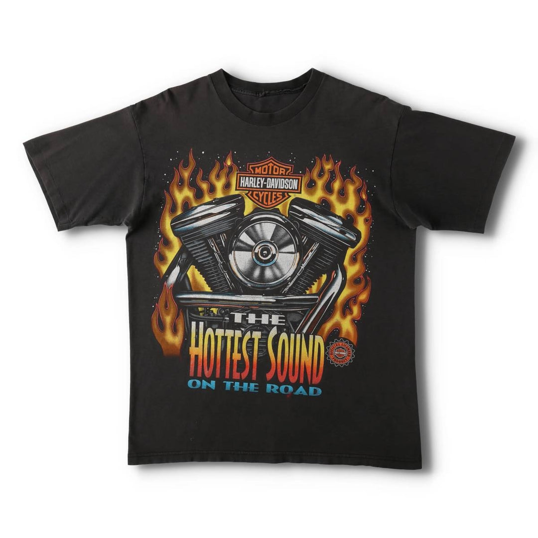 90'S Harley-Davidson Fire Pattern Big Logo Motorcycle T-Shirt, Men's Size M (approx.) unclear Charcoal Vintage Second Hand