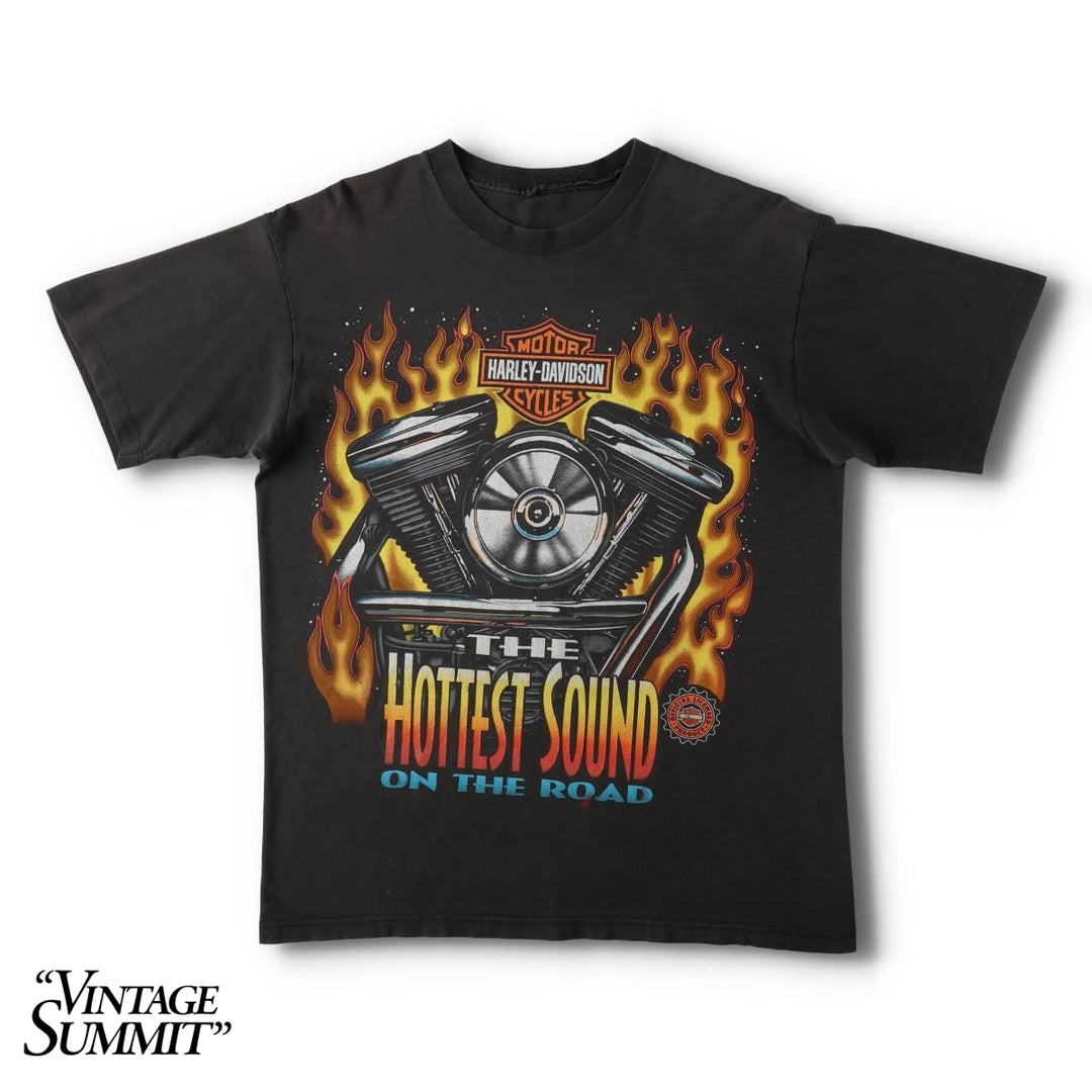90'S Harley-Davidson Fire Pattern Big Logo Motorcycle T-Shirt, Men's Size M (approx.) unclear Charcoal Vintage Second Hand