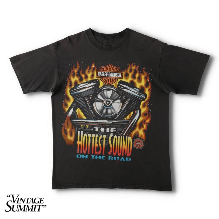90'S Harley-Davidson Fire Pattern Big Logo Motorcycle T-Shirt, Men's Size M (approx.) unclear Charcoal Vintage Second Hand