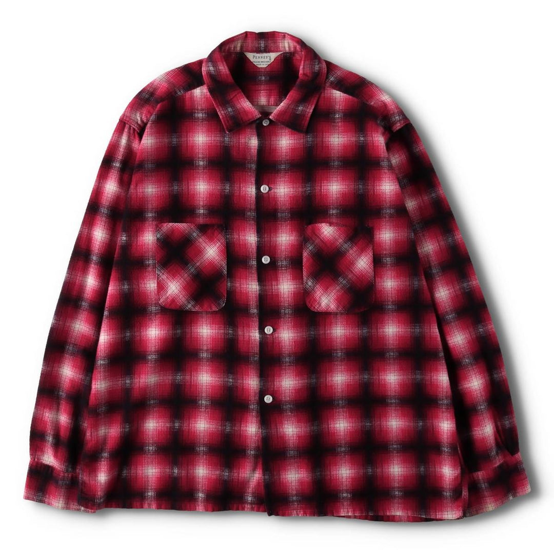 1960'S Penney's Ombre Check Box Shirt, Long Sleeve, Printed Flannel Check Shirt, Men's Size L (Equivalent), Vintage unclear red type Vintage Second Hand
