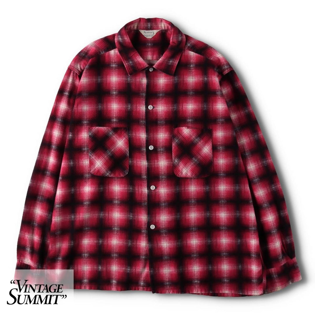 1960'S Penney's Ombre Check Box Shirt, Long Sleeve, Printed Flannel Check Shirt, Men's Size L (Equivalent), Vintage unclear red type Vintage Second Hand