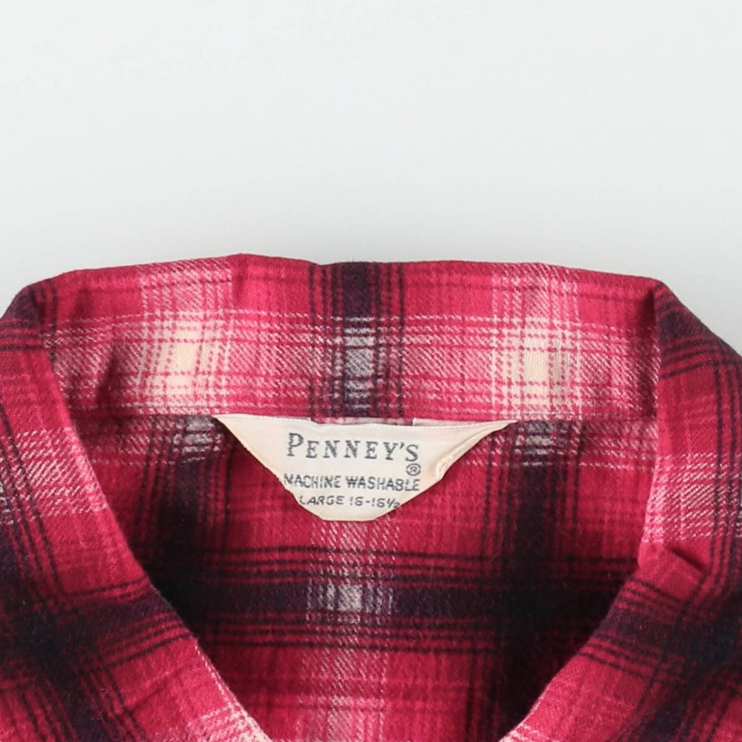 1960'S Penney's Ombre Check Box Shirt, Long Sleeve, Printed Flannel Check Shirt, Men's Size L (Equivalent), Vintage unclear red type Vintage Second Hand