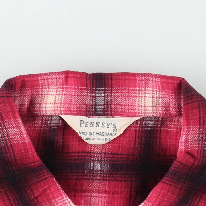 1960'S Penney's Ombre Check Box Shirt, Long Sleeve, Printed Flannel Check Shirt, Men's Size L (Equivalent), Vintage unclear red type Vintage Second Hand