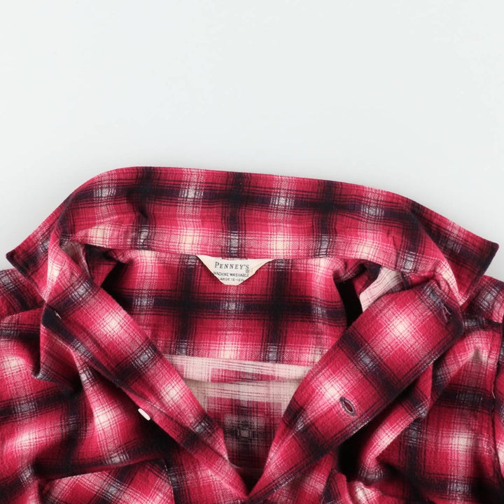 1960'S Penney's Ombre Check Box Shirt, Long Sleeve, Printed Flannel Check Shirt, Men's Size L (Equivalent), Vintage unclear red type Vintage Second Hand