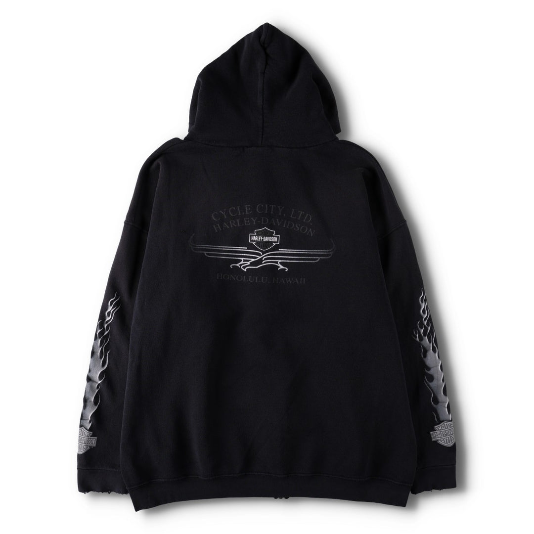 90s-00'S Harley-Davidson Eagle Pattern Fire Pattern Back Print Full-Zip Sweatshirt Hoodie, Made in USA cotton black type Vintage Second Hand