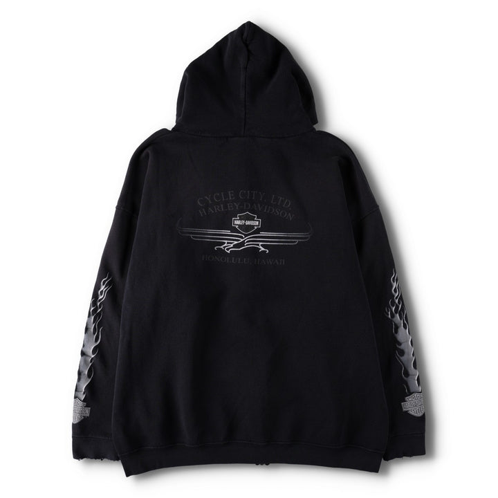 90s-00'S Harley-Davidson Eagle Pattern Fire Pattern Back Print Full-Zip Sweatshirt Hoodie, Made in USA cotton black type Vintage Second Hand