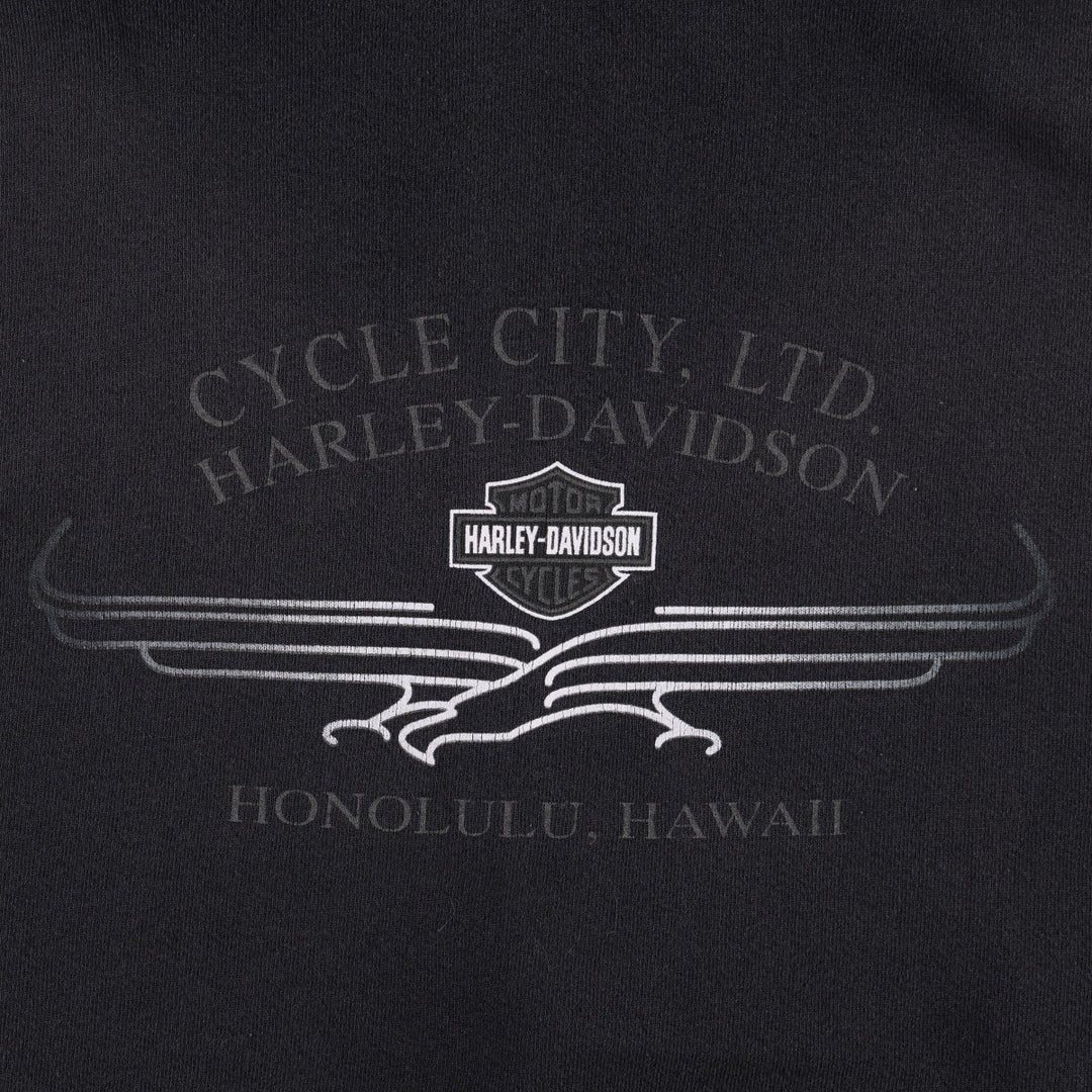 90s-00'S Harley-Davidson Eagle Pattern Fire Pattern Back Print Full-Zip Sweatshirt Hoodie, Made in USA cotton black type Vintage Second Hand