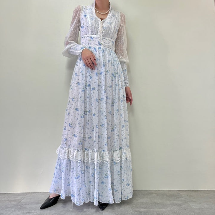 70'S GUNNE SAX Jessica floral print maxi length long sleeve flared dress women's M vintage /evb002216