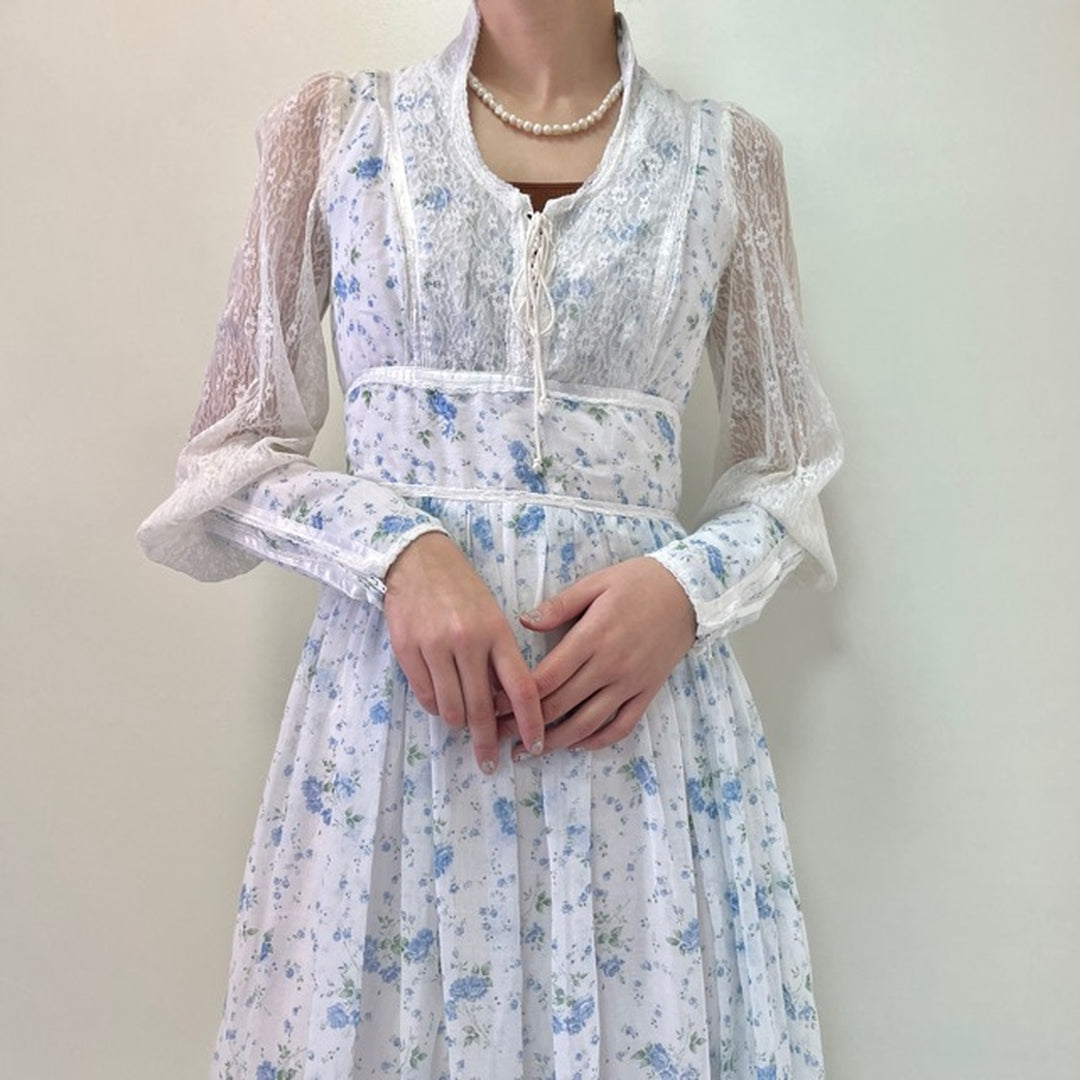 70'S GUNNE SAX Jessica floral print maxi length long sleeve flared dress women's M vintage /evb002216