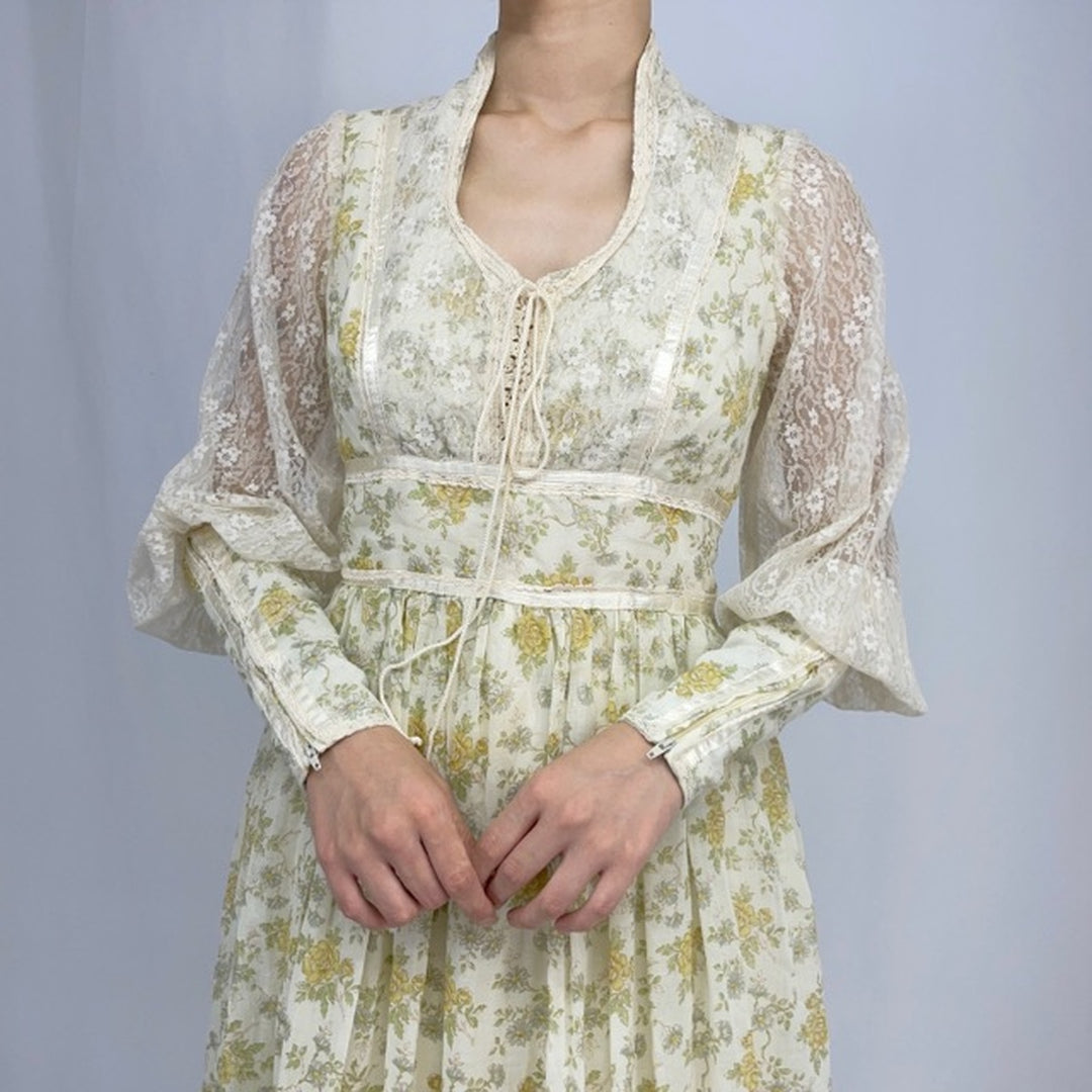 70'S GUNNE SAX Jessica floral print maxi length long sleeve flared dress made in USA women's M vintage /evb002252