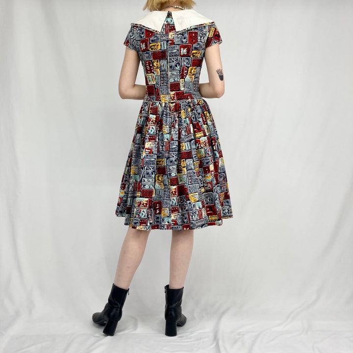 40s~50'S all-over print short sleeve flared dress women's XS vintage /evb002257