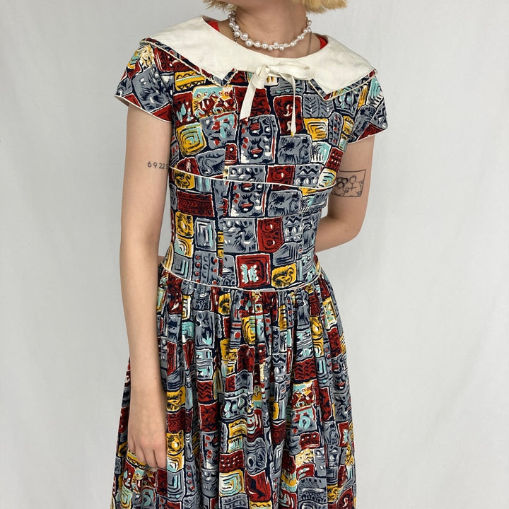 40s~50'S all-over print short sleeve flared dress women's XS vintage /evb002257