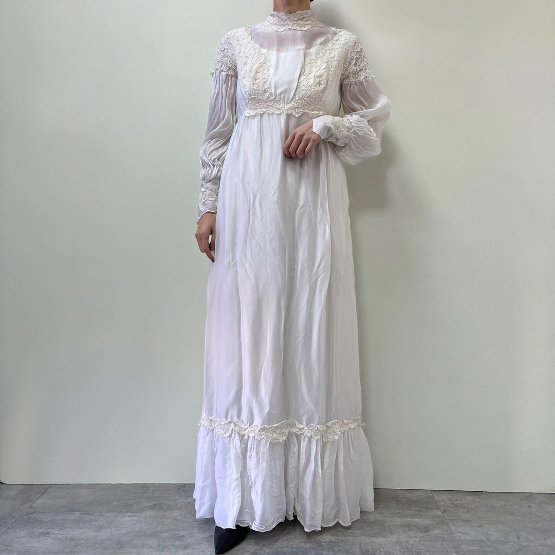 70'S UNKNOWN wedding dress, high neck, maxi length, long sleeves, flared dress, women's L, vintage /evb002289