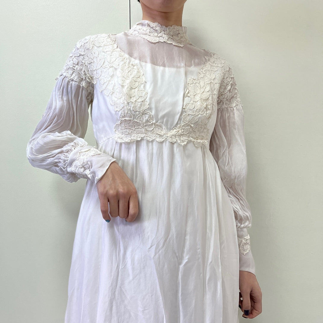 70'S UNKNOWN wedding dress, high neck, maxi length, long sleeves, flared dress, women's L, vintage /evb002289