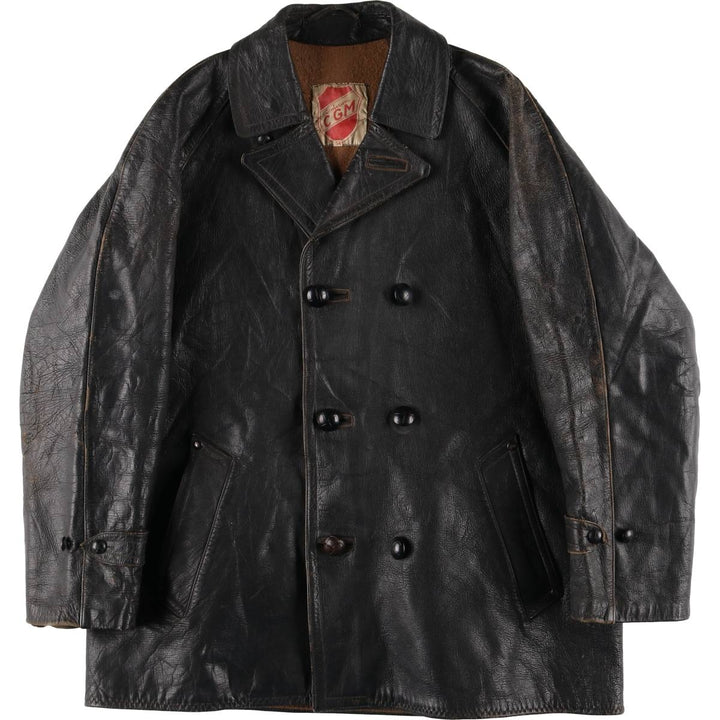 50'S CGM Double Breasted Leather Car Coat Men's Size L Vintage unclear black type Vintage Second Hand