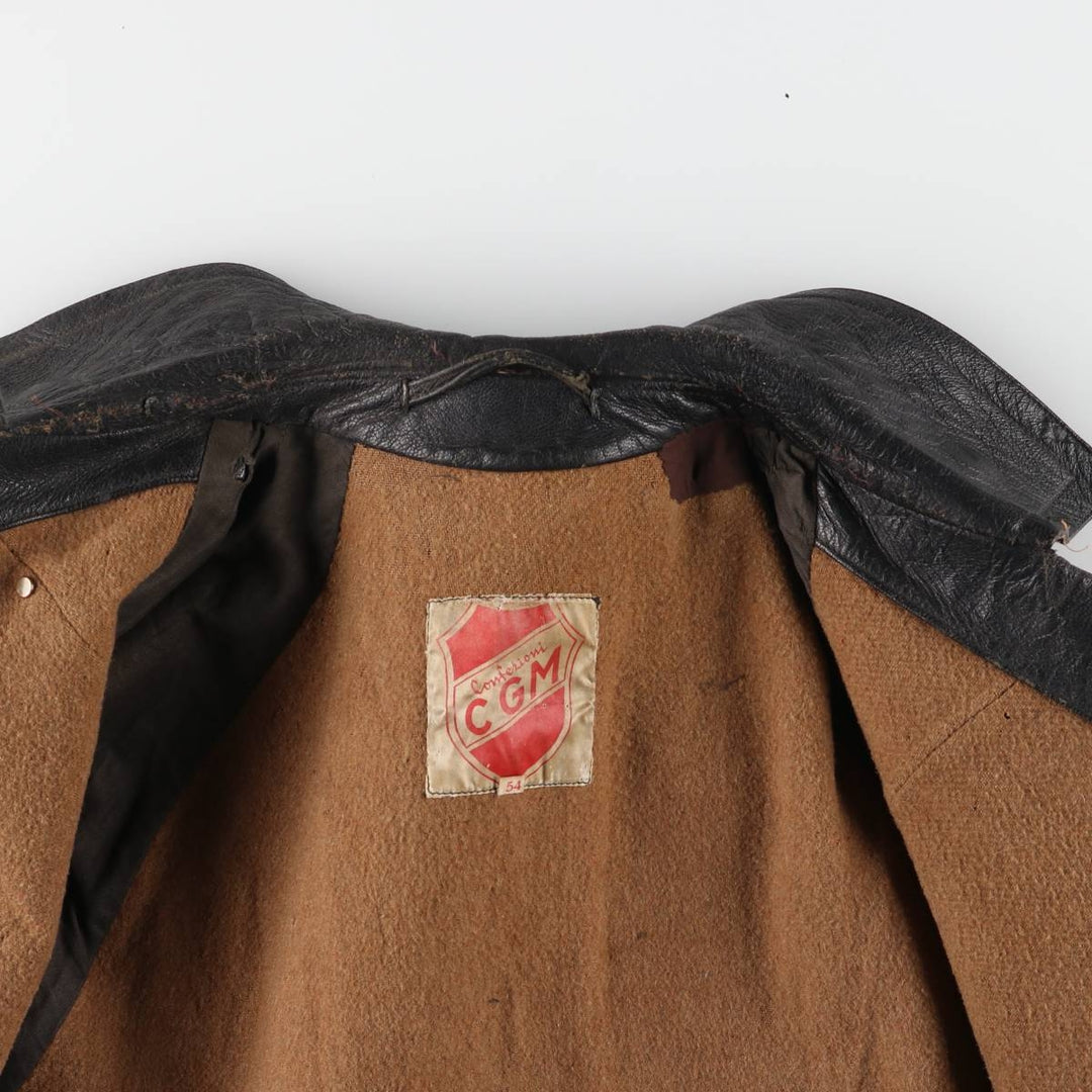 50'S CGM Double Breasted Leather Car Coat Men's Size L Vintage unclear black type Vintage Second Hand