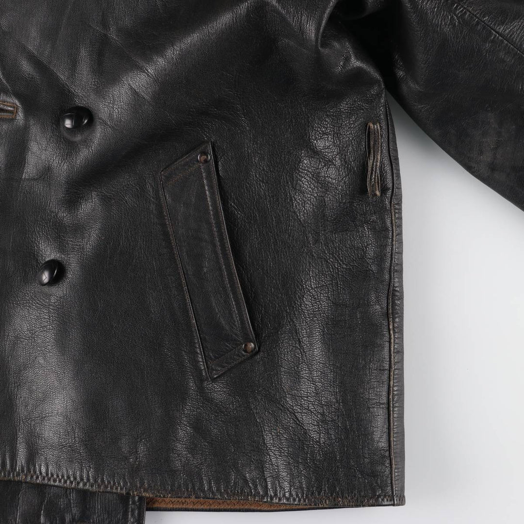 50'S CGM Double Breasted Leather Car Coat Men's Size L Vintage unclear black type Vintage Second Hand