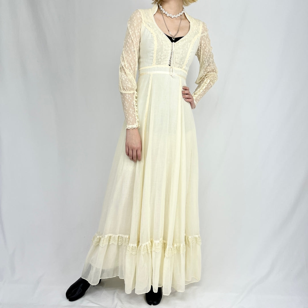 70'S GUNNE SAX Maxi-length long-sleeve flared dress, women's, S, vintage /evb002303