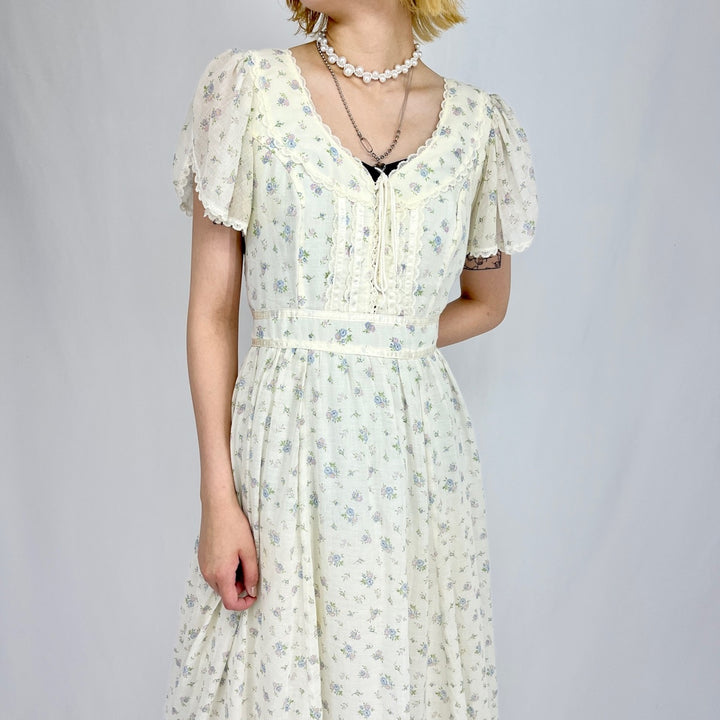 70'S GUNNE SAX Floral print maxi length short sleeve flared dress Women's S Vintage /evb002306