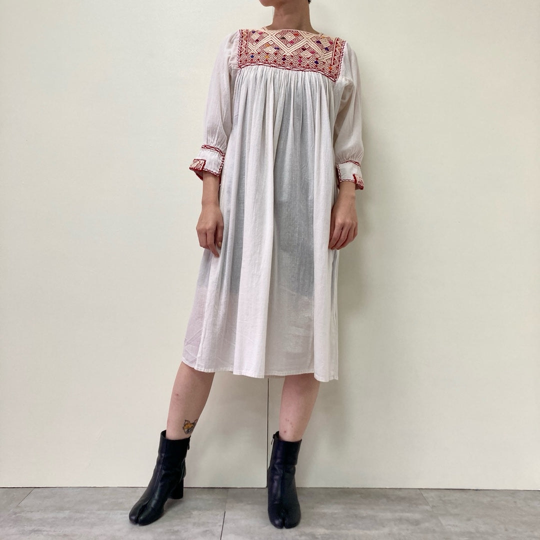 Larainsar Embroidered Three-Quarter Sleeve Flared Dress, Women's Size M unclear white type Vintage Second Hand