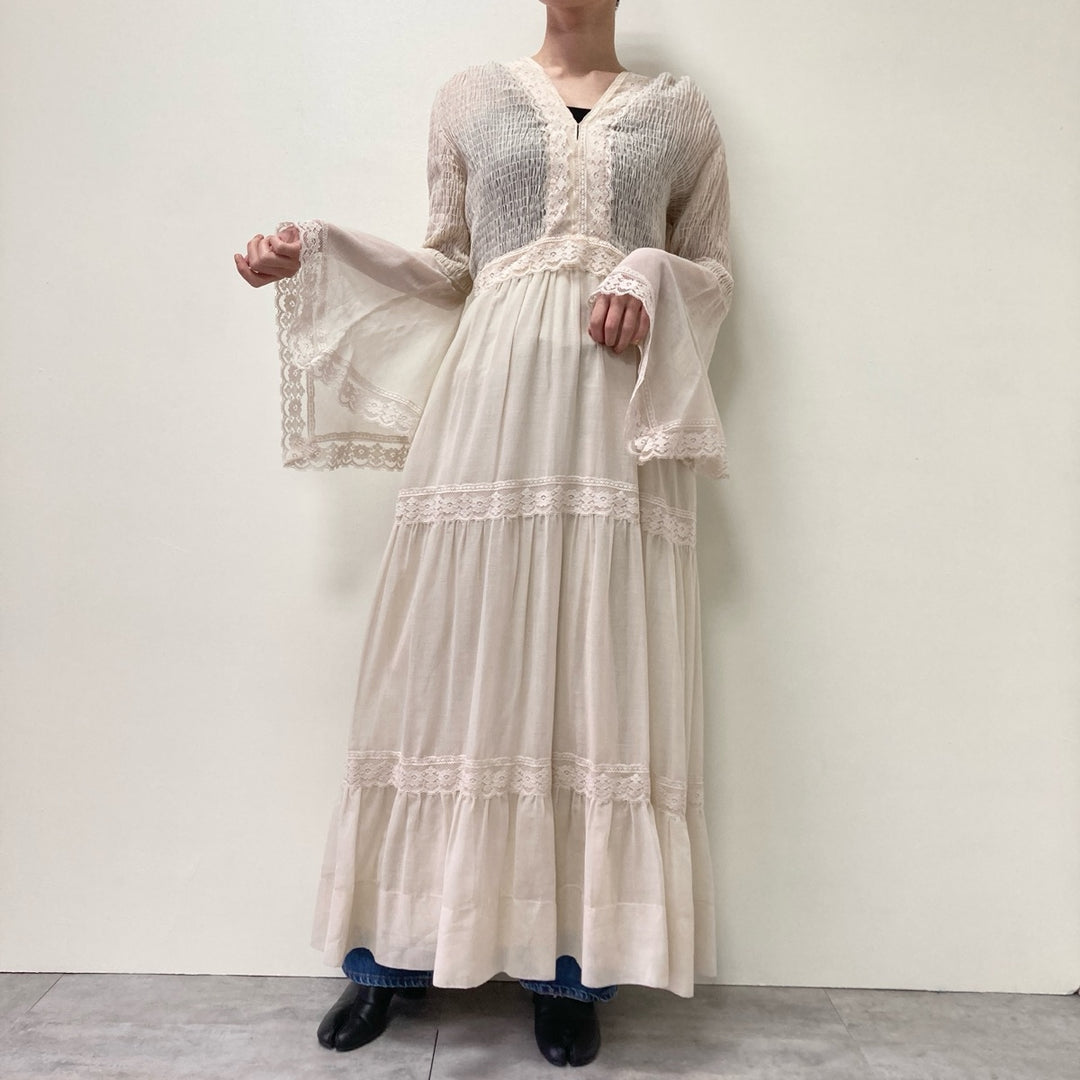 70'S Bernie Bee Sport shirred flare sleeve maxi length flare dress women's L vintage /evb002823