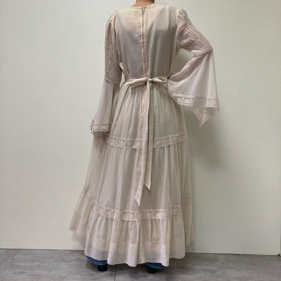 70'S Bernie Bee Sport shirred flare sleeve maxi length flare dress women's L vintage /evb002823