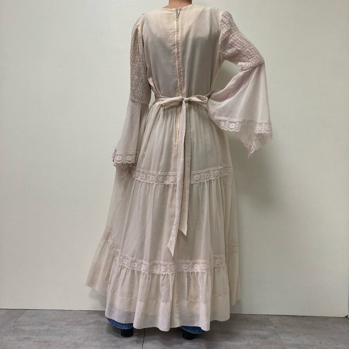 70'S Bernie Bee Sport shirred flare sleeve maxi length flare dress women's L vintage /evb002823